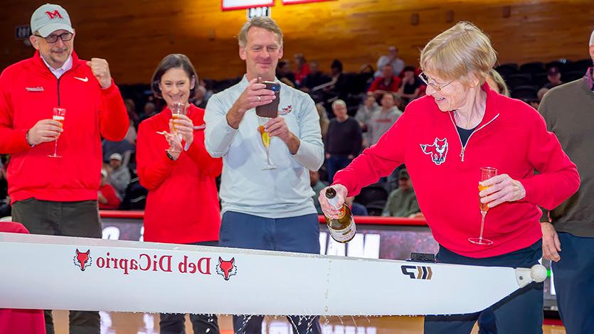 Image of Deb DiCaprio at the unveiling ceremony of the new rowing shell named in her honor at McCann Arena on Dec. 2.